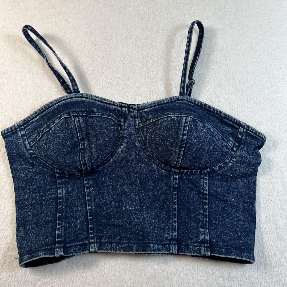 American Flirt Corset Top Womens Large‎ Blue Denim Bustier Spaghetti Strap
